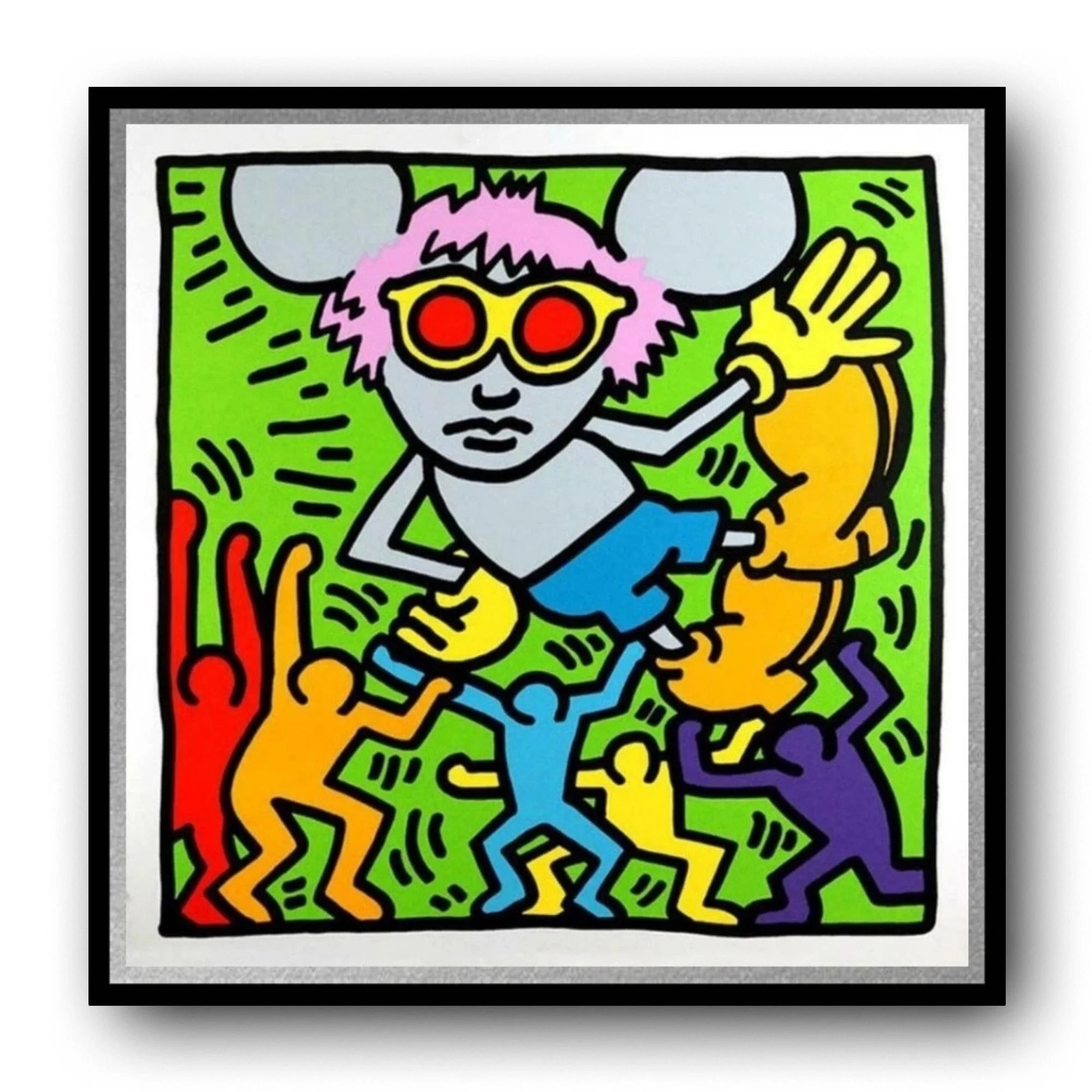 Colorful artwork with a central figure and smaller figures on a green background